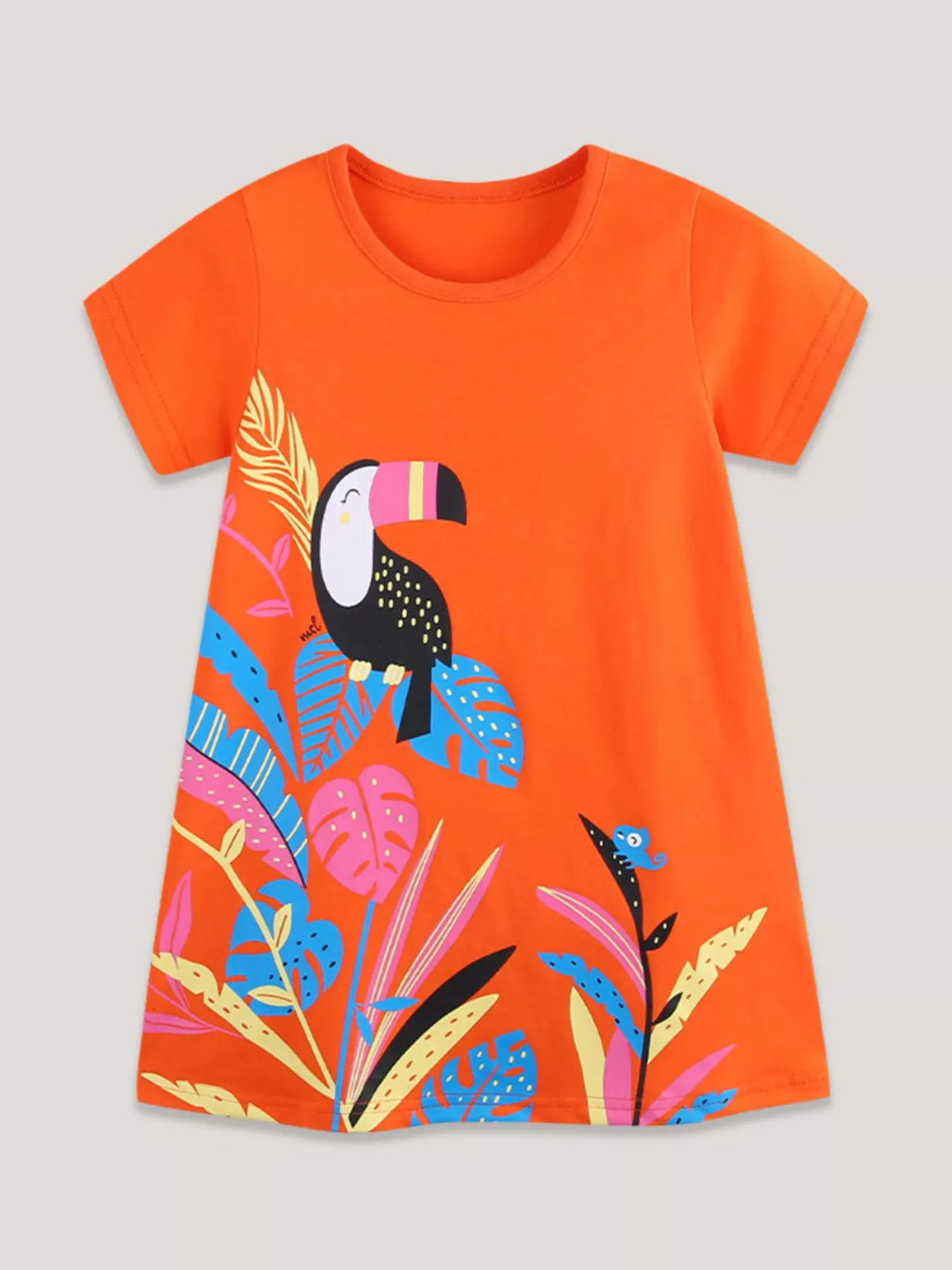 Toucan Print Casual Dress in Orange for Girls