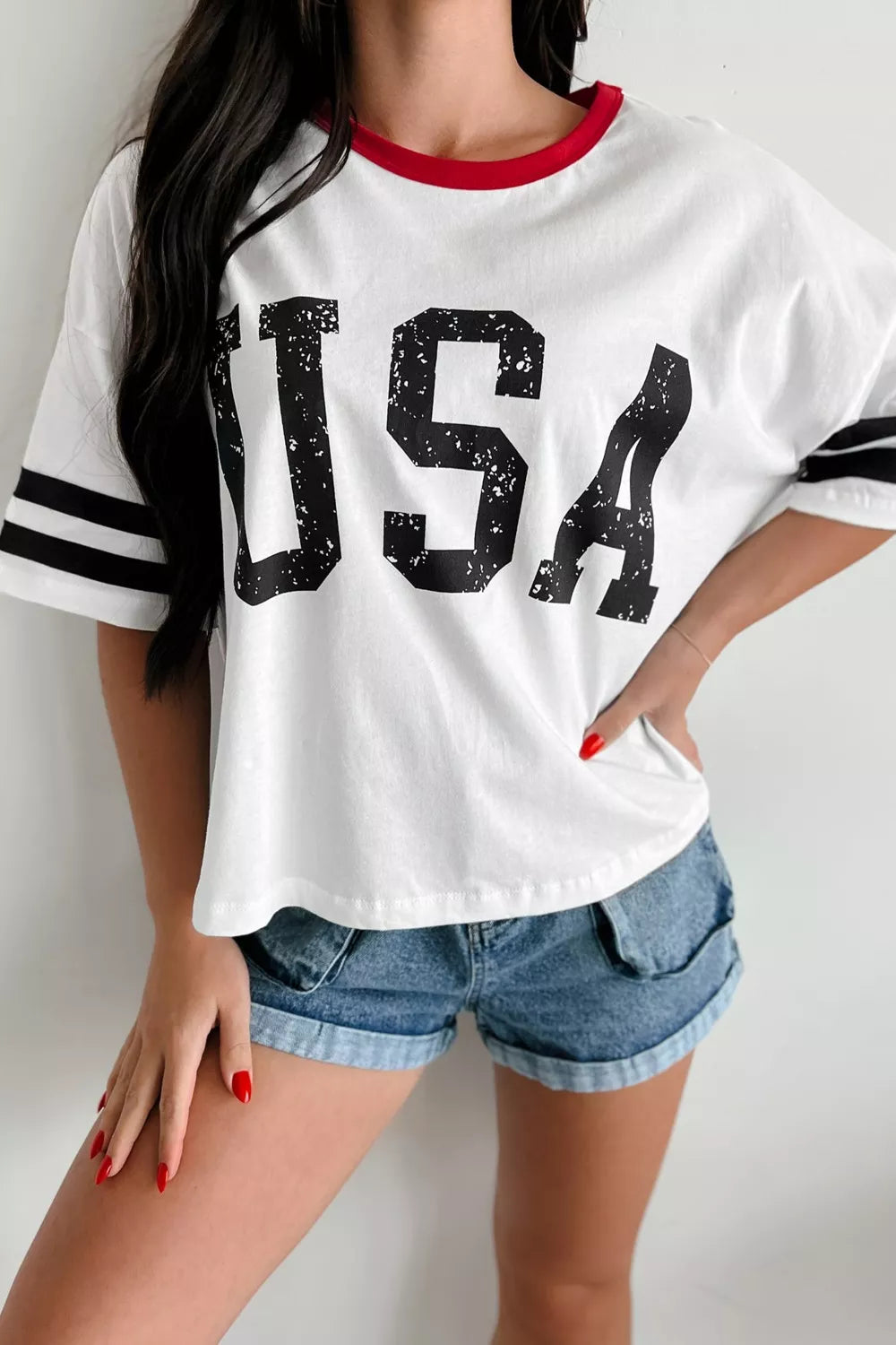 USA Letter Printed Varsity Striped Sleeve Round Neck Tee in White for Women