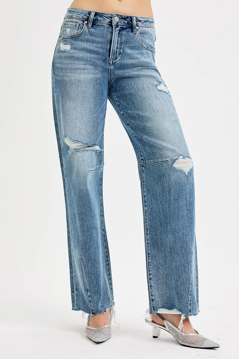 Mid Rise Fit Wide Baggy Leg Tie Washed Jeans Plus Size in Medium for Women