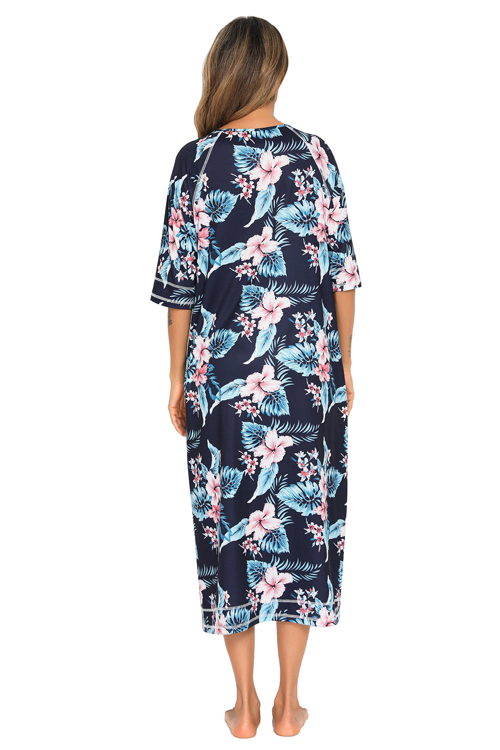 Printed Slit Night Dress with Pockets in Azure for Women