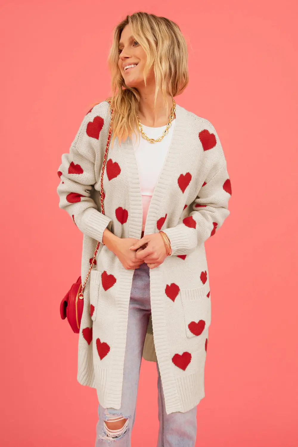 Heart Graphic Open Front Cardigan with Pockets in Cream for Women