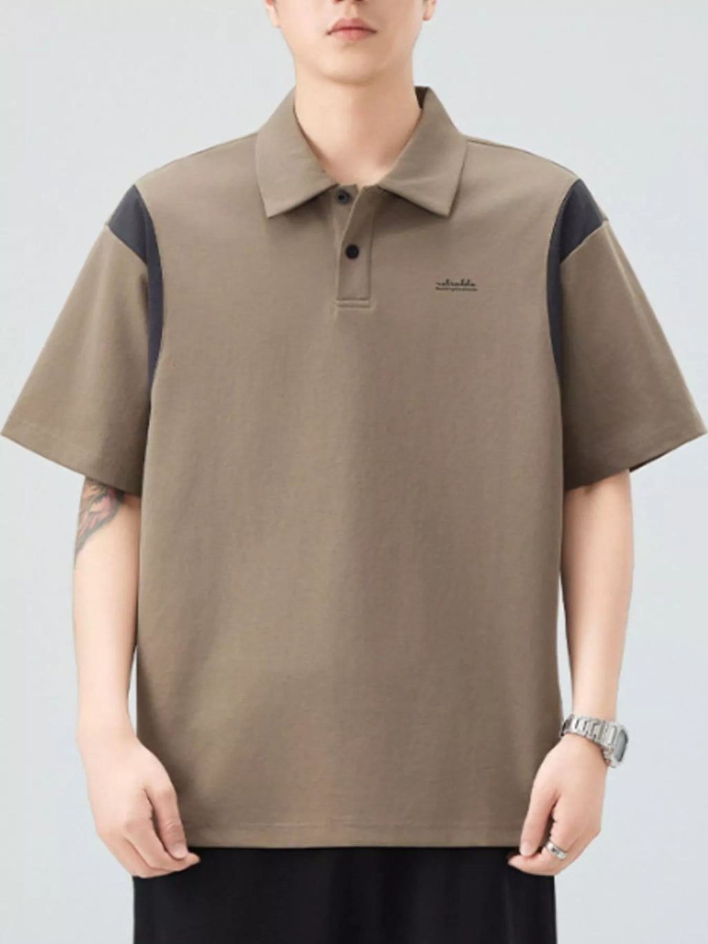 Plus Size Button Detail Short Sleeve Polo in Khaki Green in Purple for Men