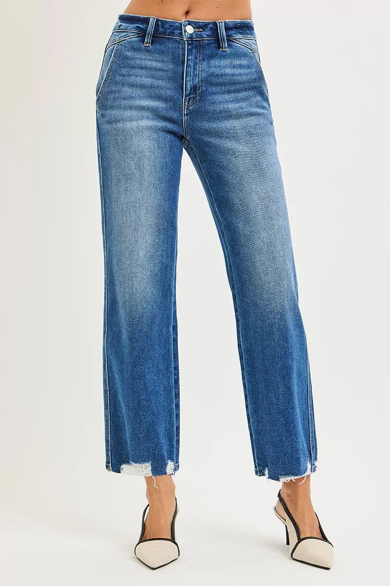 High Rise Ankle Straight Distressed Hem Detail Jeans in Dark for Women