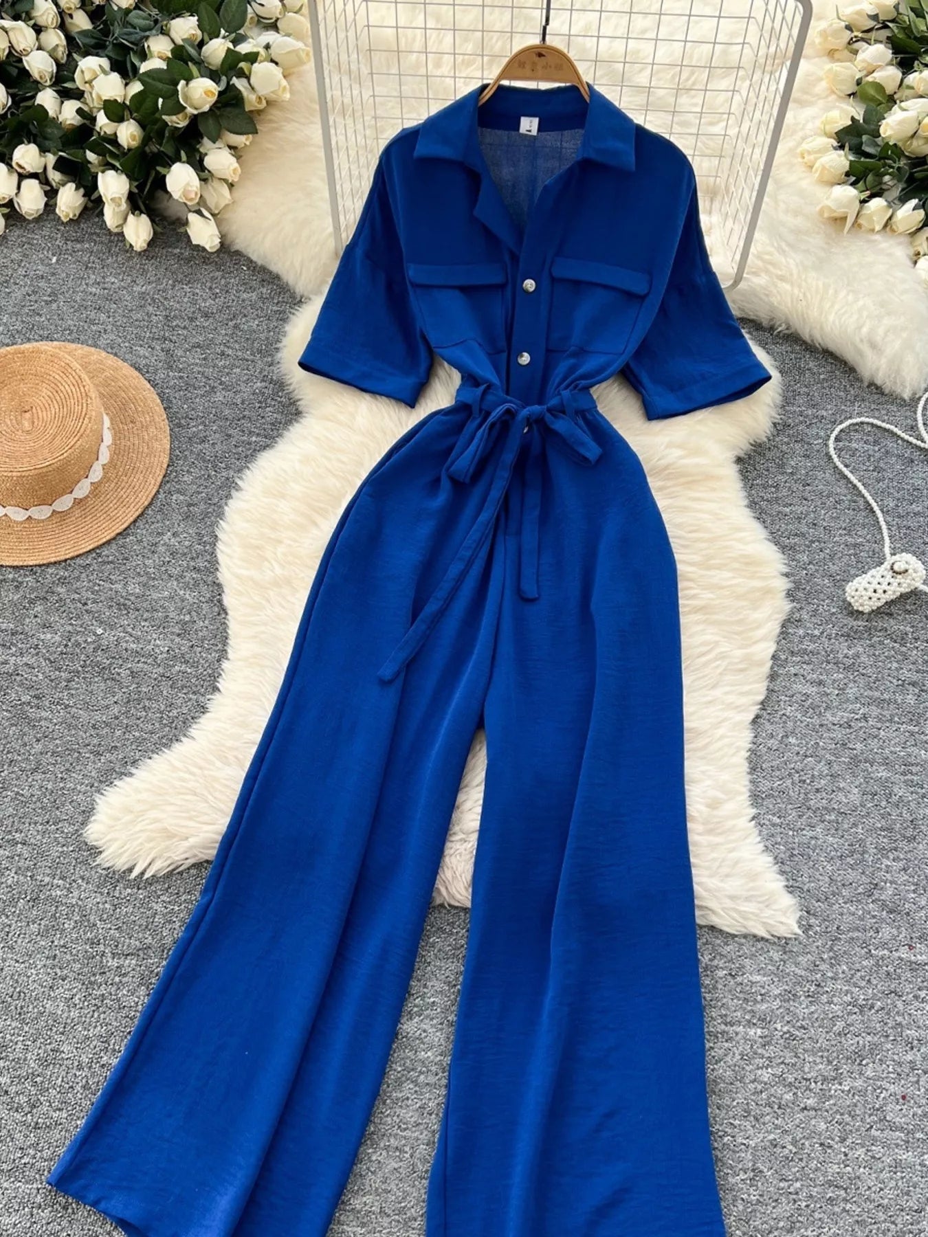 Pink Tie Waist Wide Leg Jumpsuit in Burgundy for Women