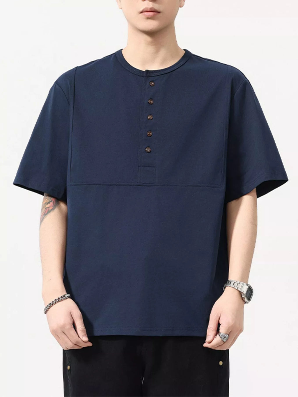 Plus Size Button Detail Short Sleeve T-Shirt in Dark Gray for Men