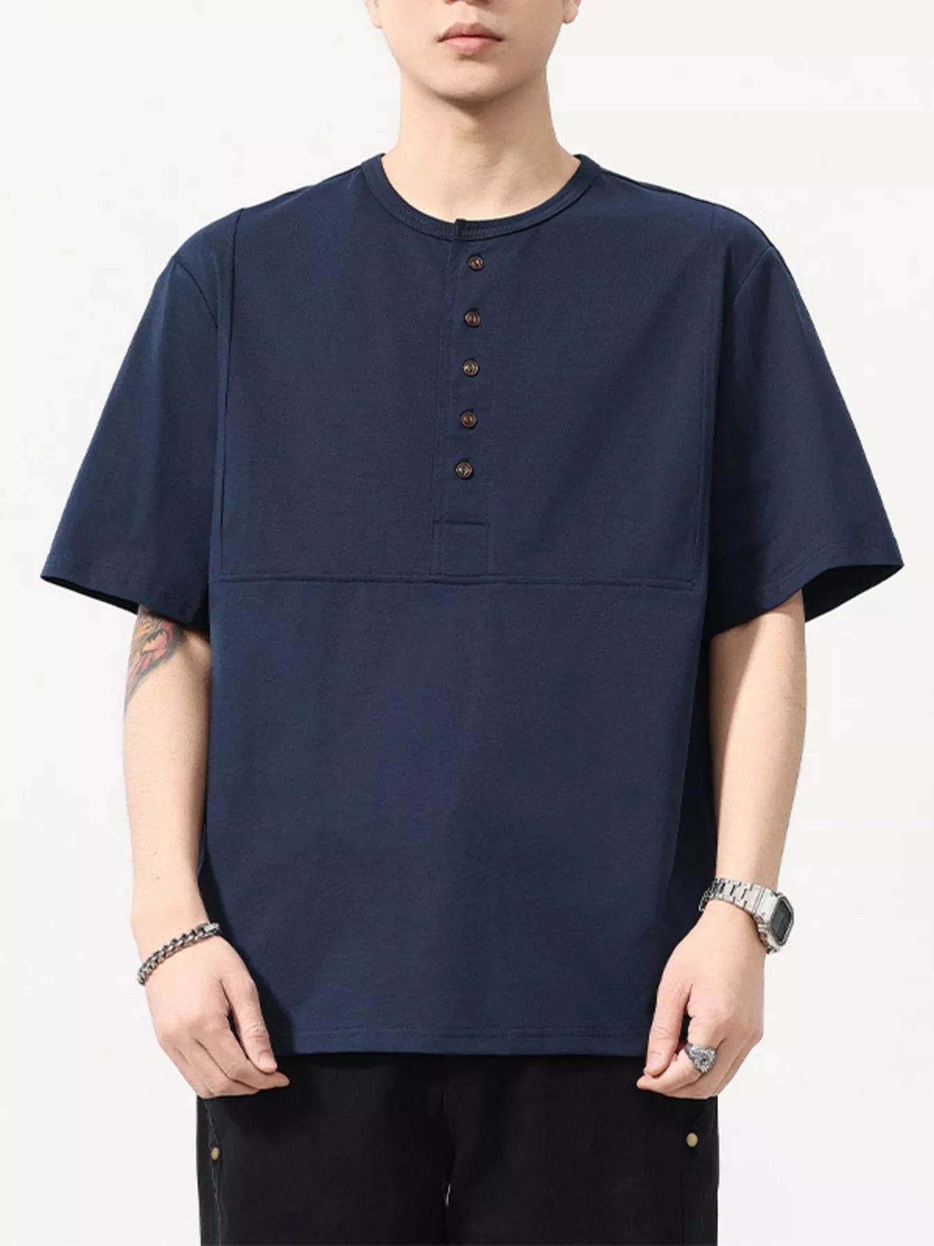 Plus Size Button Detail Short Sleeve T-Shirt in Dark Gray for Men