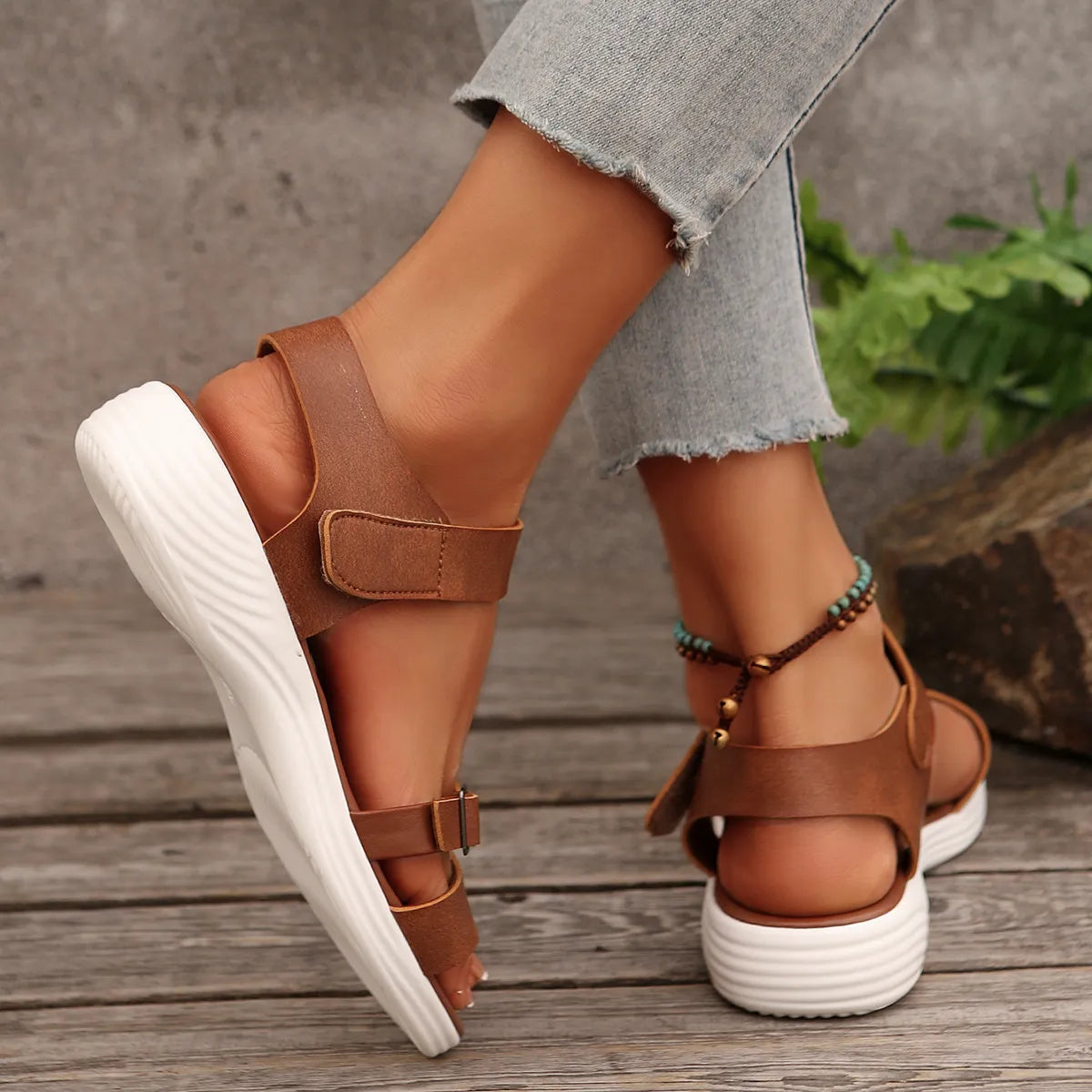 Open Toe Wedge Sandals in Light Brown for Women