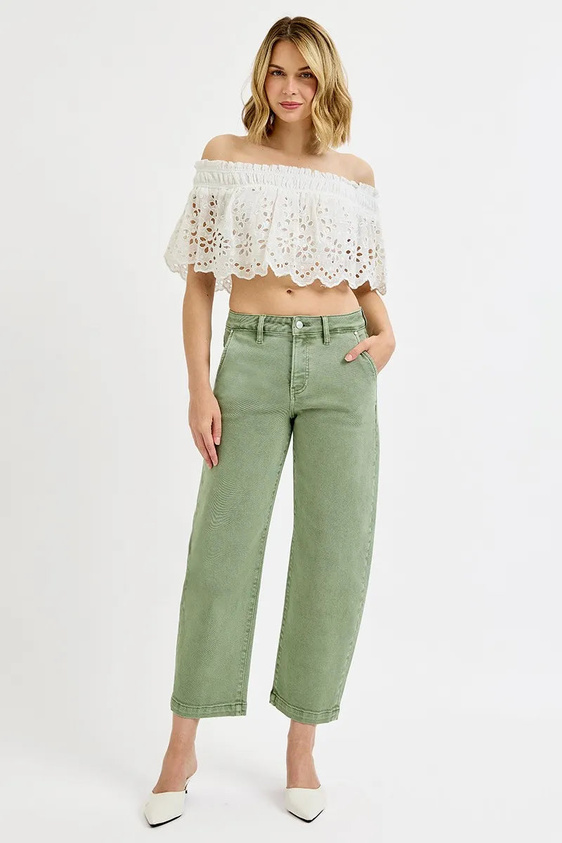 Tummy Control High Rise Crop Barrel Jeans Plus Size in Olive for Women