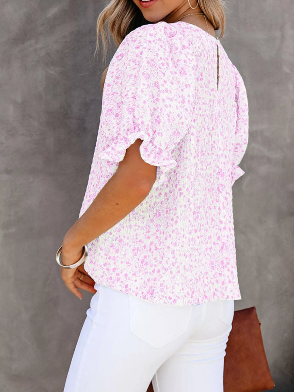 Floral Print Ruffle Sleeve Blouse Plus Size in Sky Blue for Women