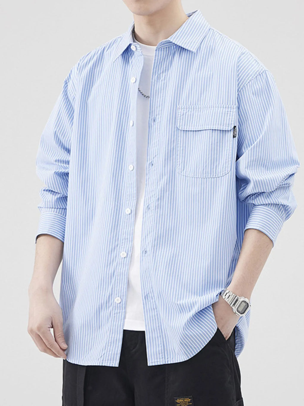 Plus Size Striped Button Up Long Sleeve Shirt in Blue for Men