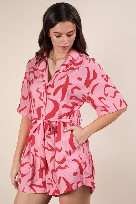 Oversized Printed Button Down Resort Romper in Pink for Women