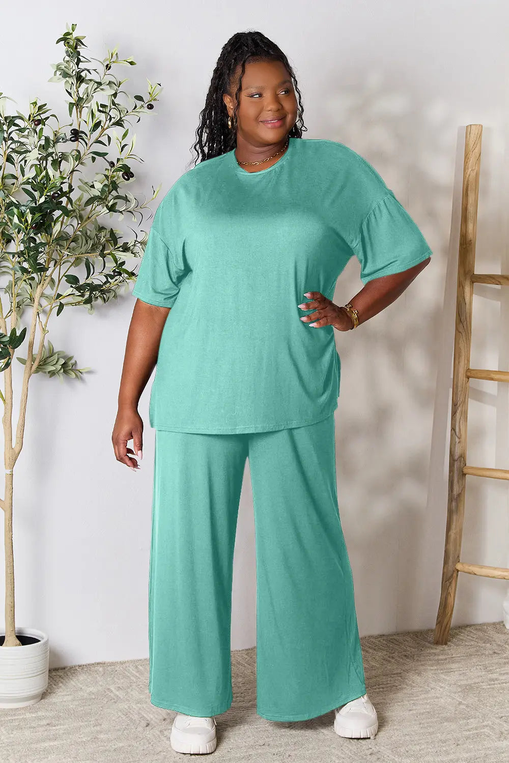 Plus Size Round Neck Slit Top and Pants Set in Teal for Women