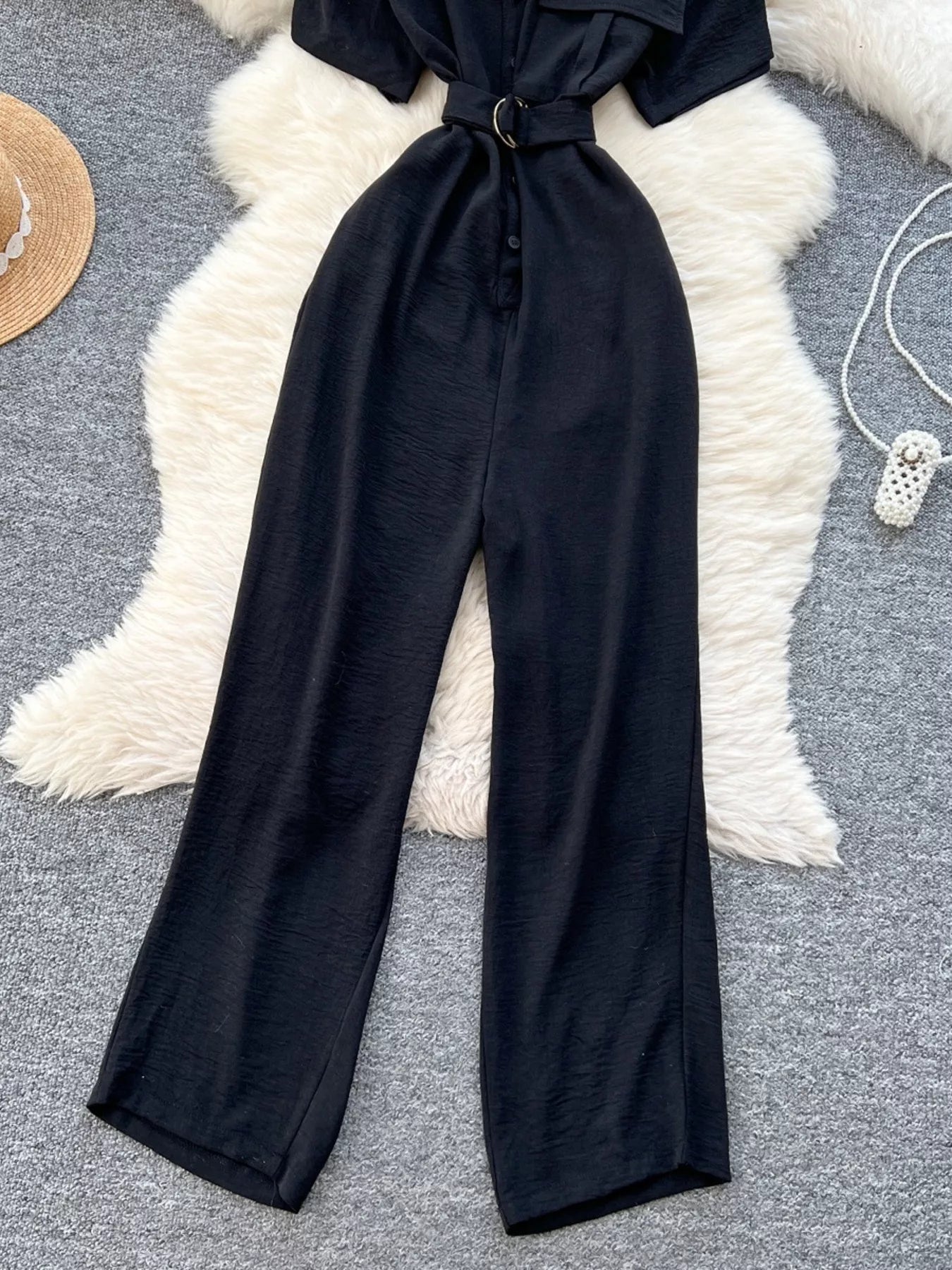 Red Button Front Wide Leg Jumpsuit for Women