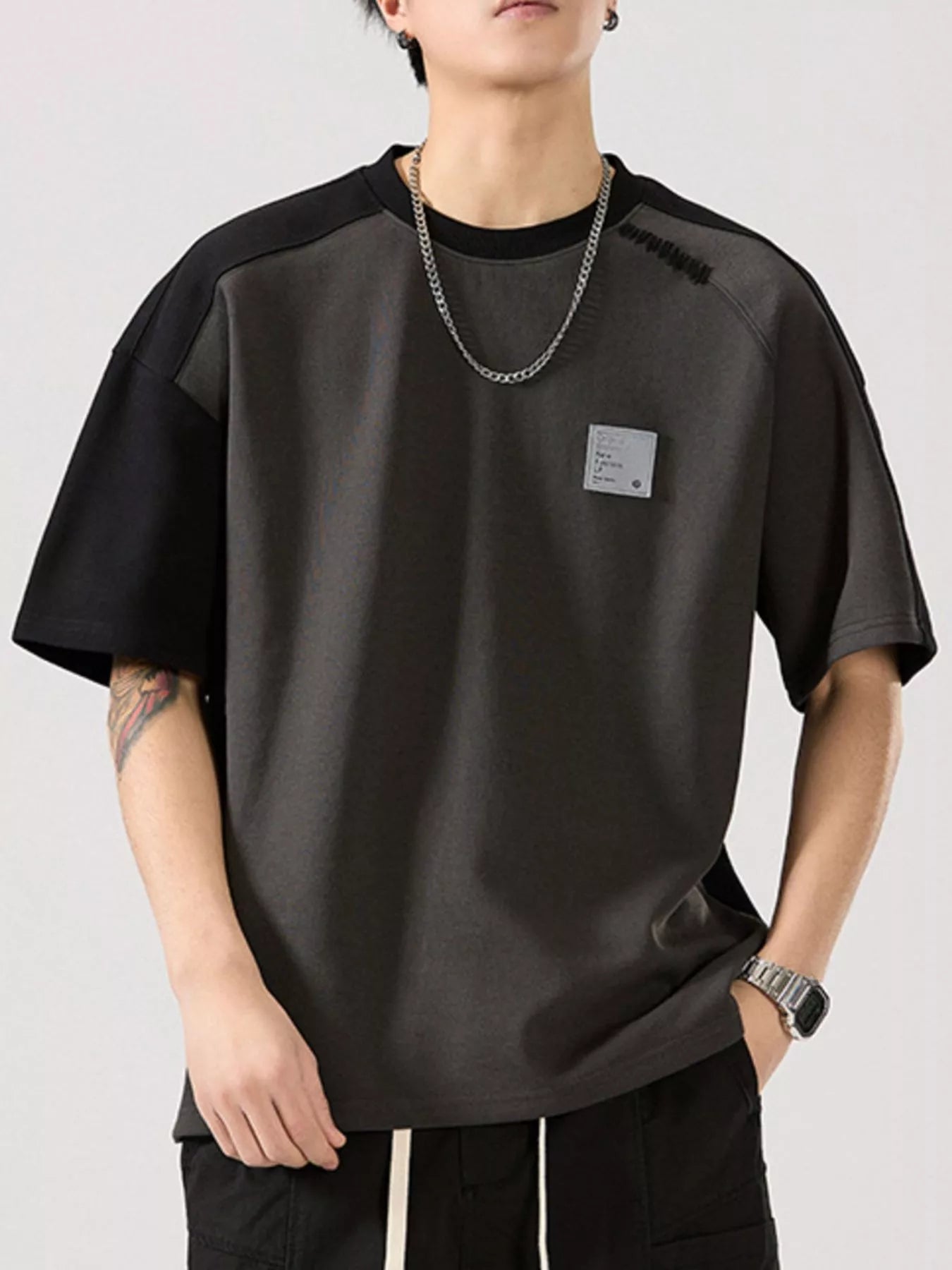 Contrast Round Neck Short Sleeve T-Shirt Plus Size in Retro Hemp Gray for Men