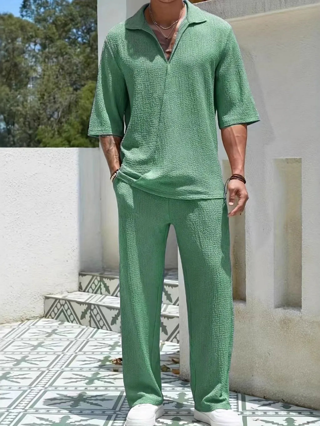 Johnny Collar Half Sleeve Top and Pants Set in Royal Blue for Men