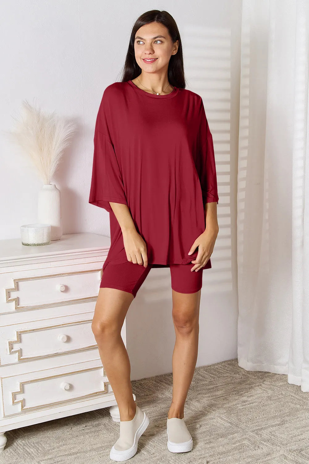 Plus Size Soft Rayon Three-Quarter Sleeve Top and Shorts Set in Sky Blue for Women