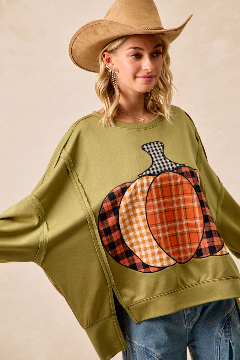 Plaid Mix Pumpkin Patchwork Cut Edge Detail Oversized French Terry Sweatshirt in Olive for Women