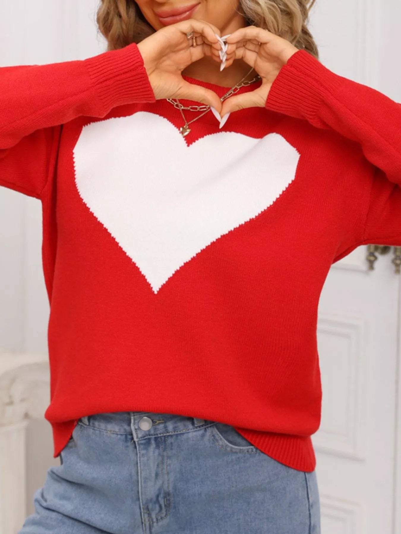 Valentines Day Heart Round Neck Dropped Shoulder Sweater in White in Rose Red for Women