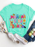 Letter Graphic Round Neck Short Sleeve T-Shirt in Aqua for Women