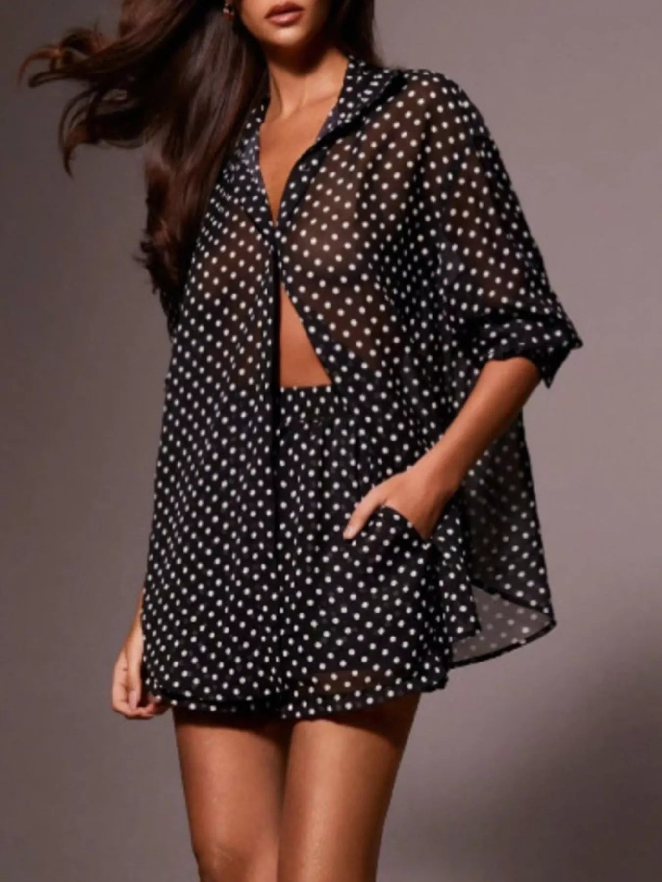 Polka Dot Button Up Shirt and Shorts Set in Burgundy for Women