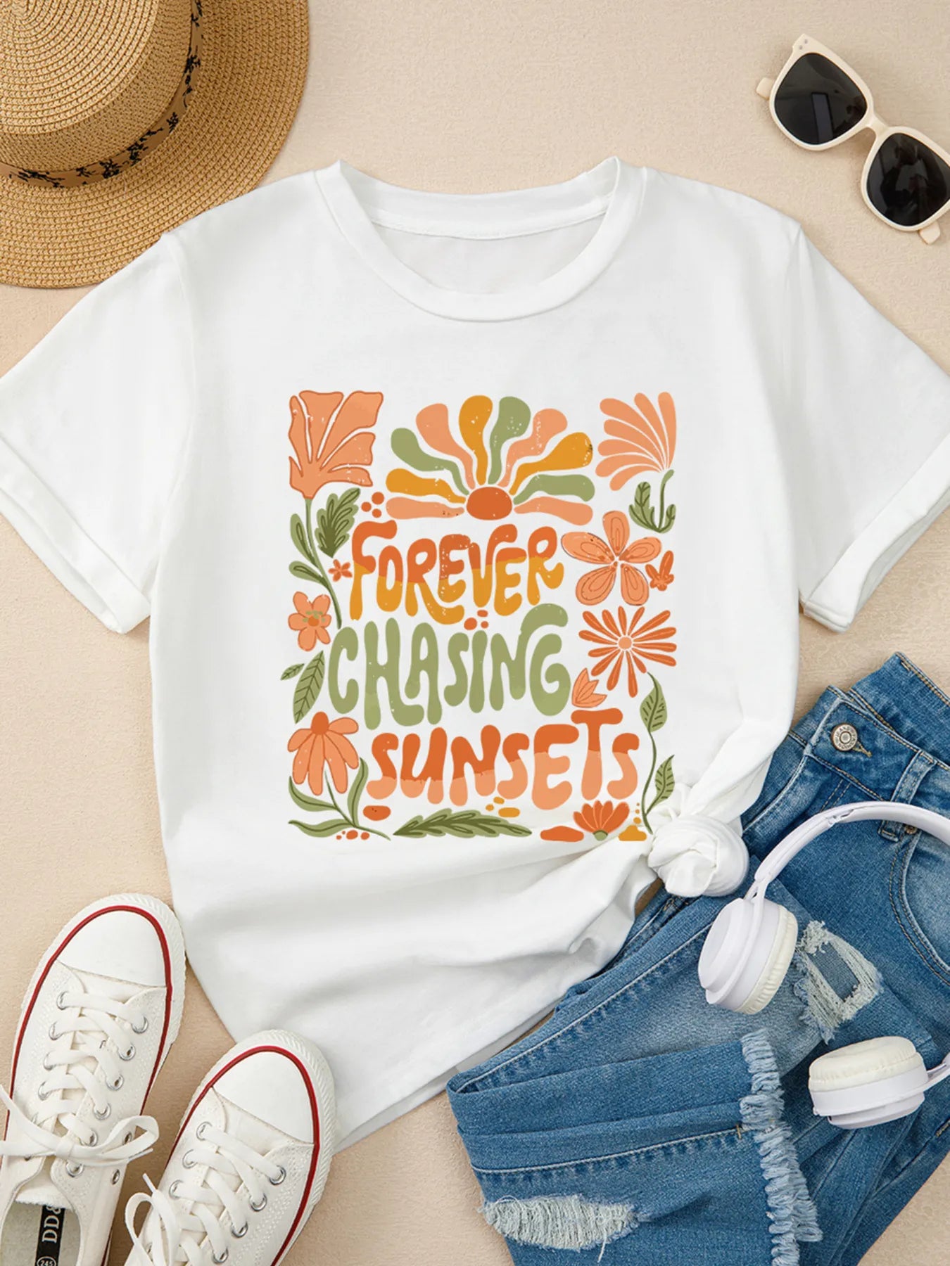 Forever Chasing Sunsets Round Neck T-Shirt in White for Women