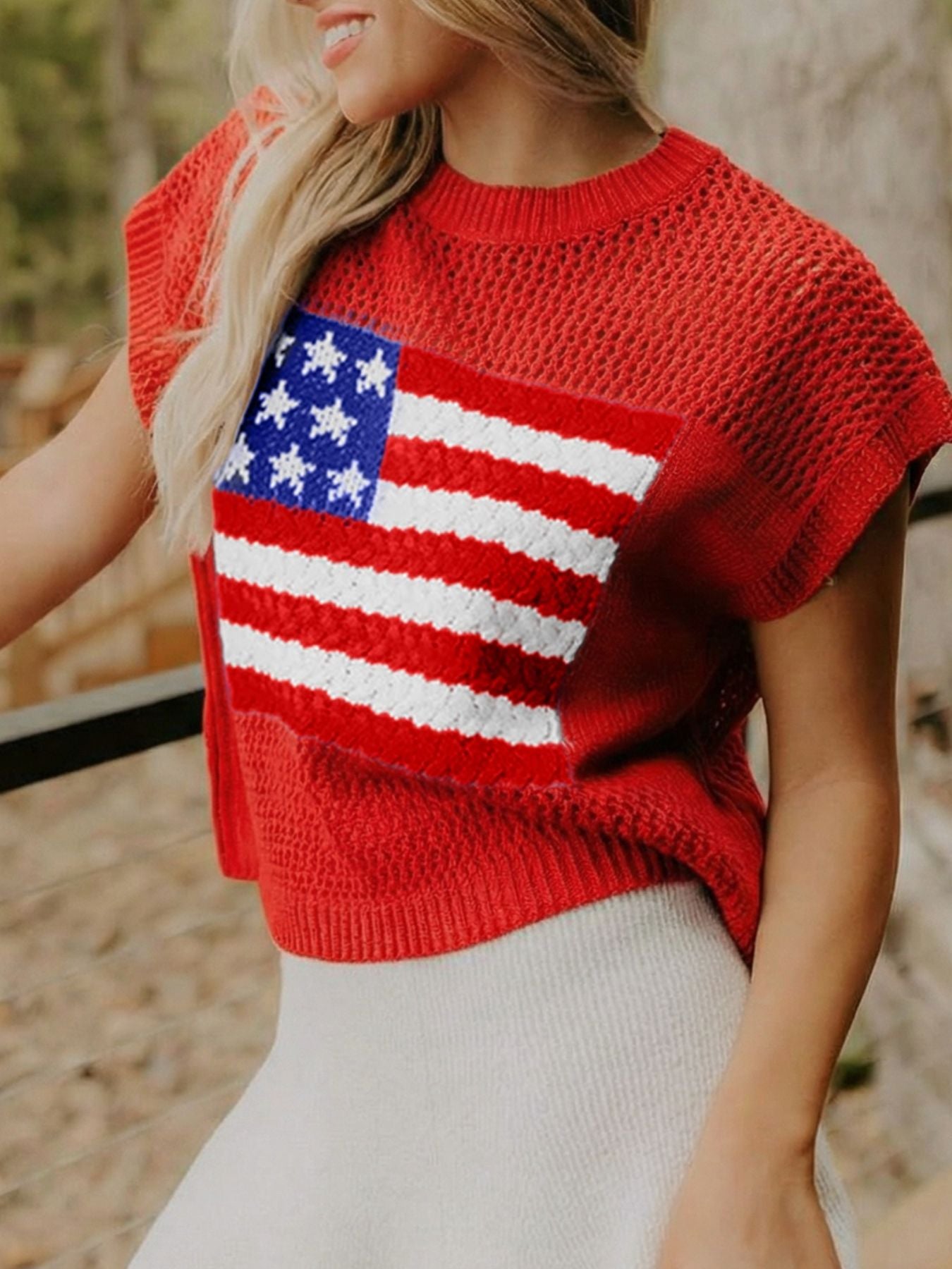 American Flag Knitted Short Sleeve Sweater in Deep Red for Women