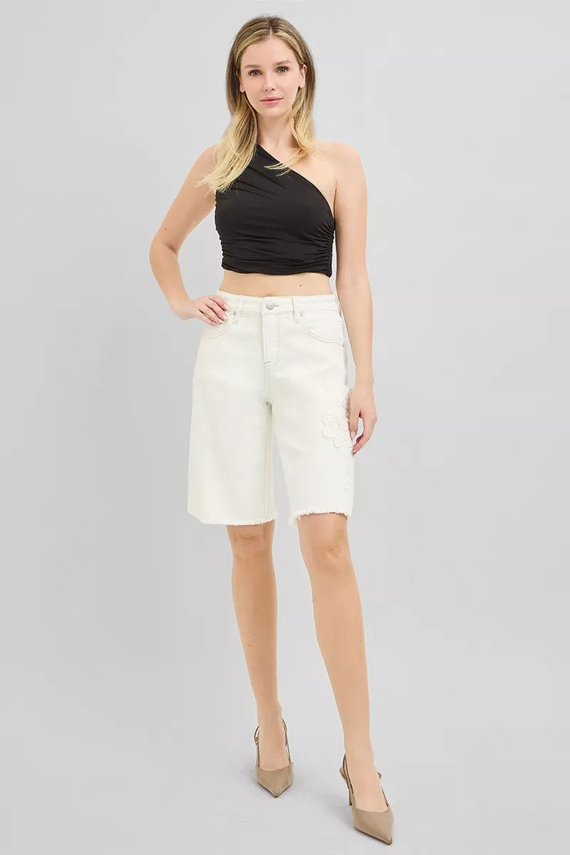 Slouchy Relaxed Floral Embroidered Bermuda Denim Shorts for Women