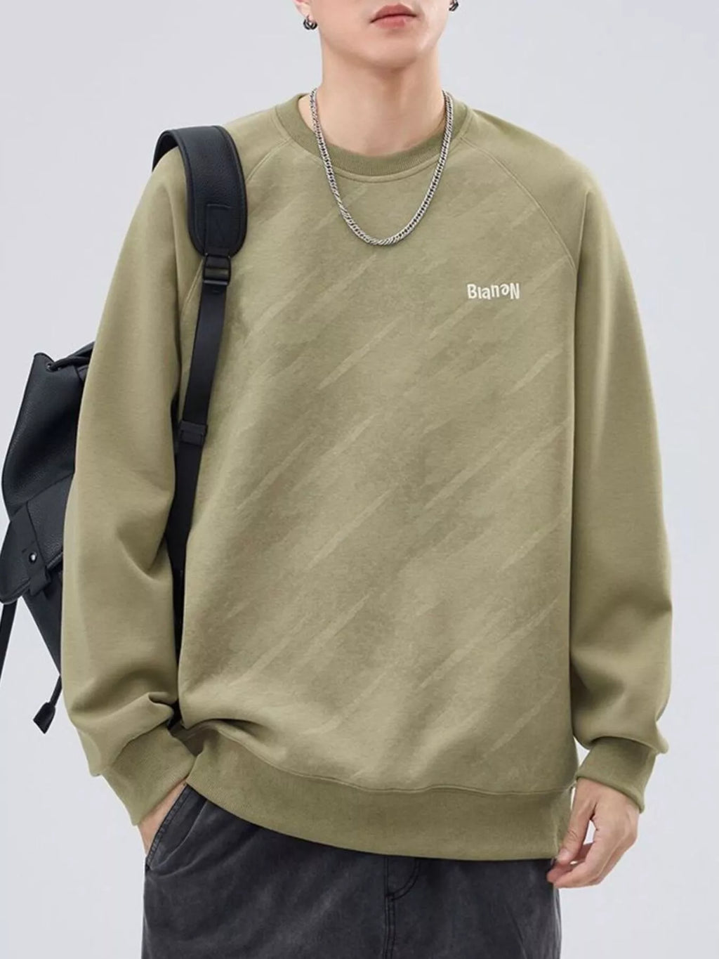 Plus Size Round Neck Raglan Sleeve Sweatshirt in Gray Green for Men