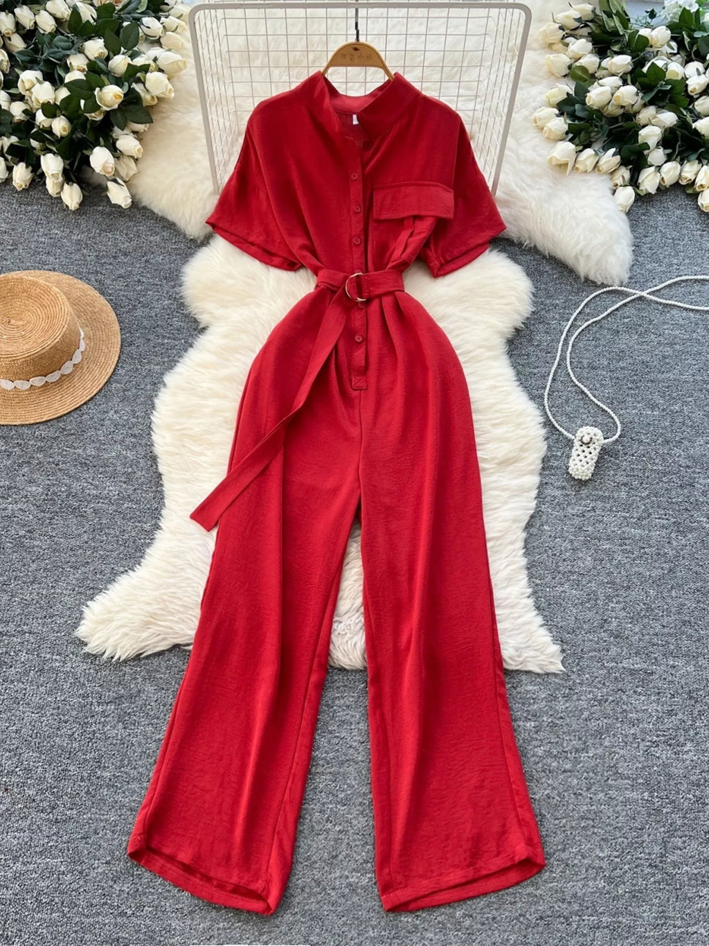 Red Button Front Wide Leg Jumpsuit in Red for Women
