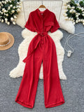 Red Button Front Wide Leg Jumpsuit in Red for Women