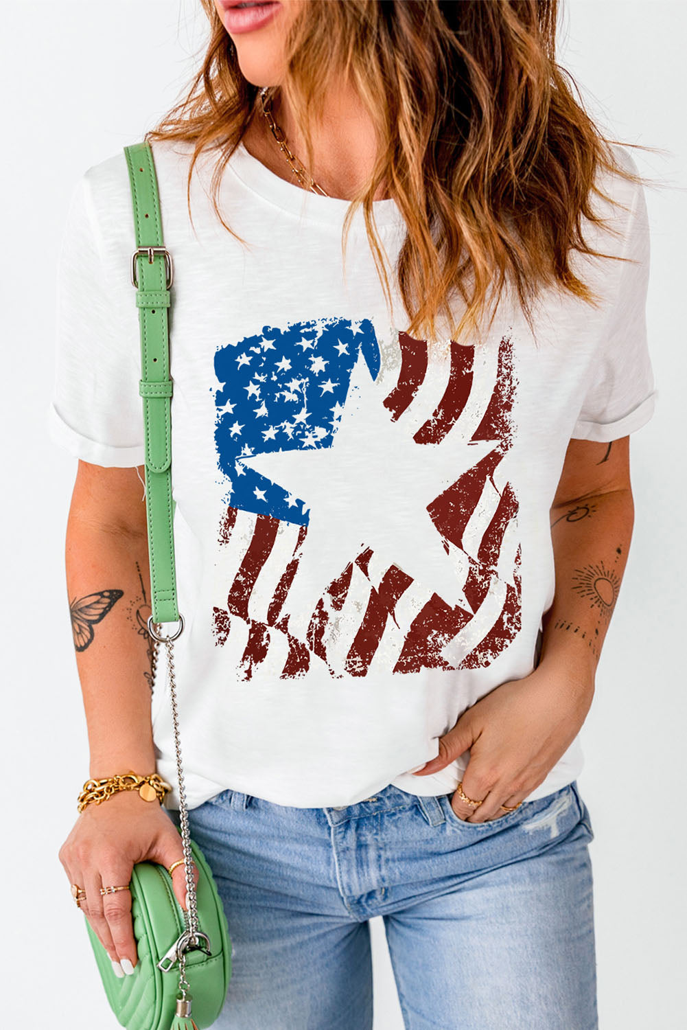 Us Flag Graphic Round Neck Tee for Women