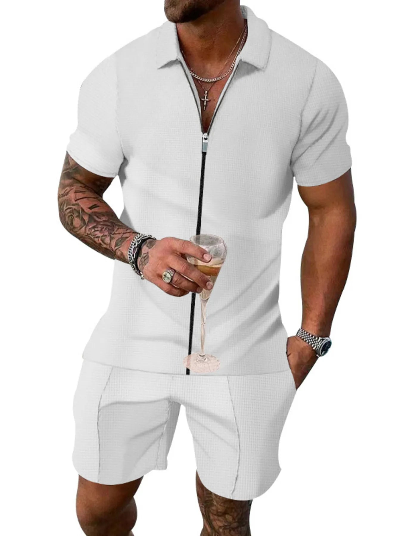 Plus Size Zip Up Short Sleeve Top and Shorts Set in Royal Blue for Men