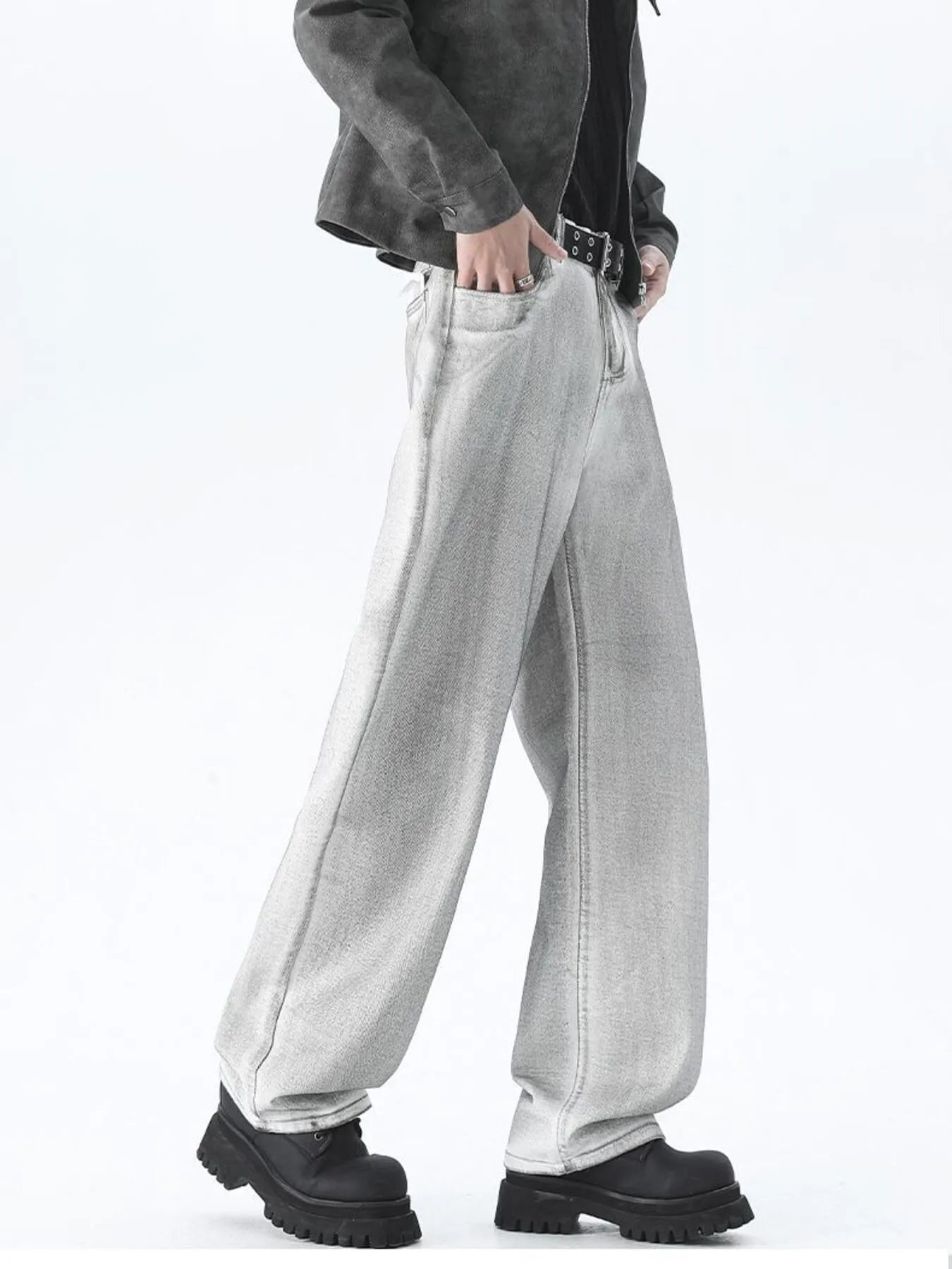 Plus Size Wide Leg High Waisted Jeans in White for Men