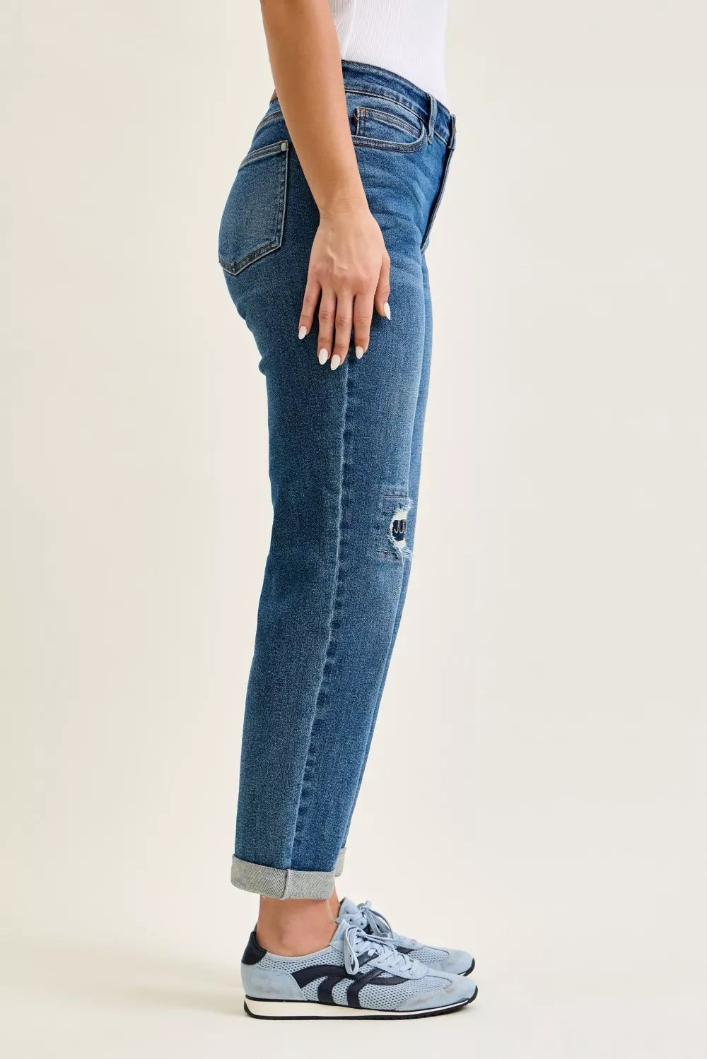 Mid Rise Boyfriend Embroidered Repair Patch Jeans in Md for Women