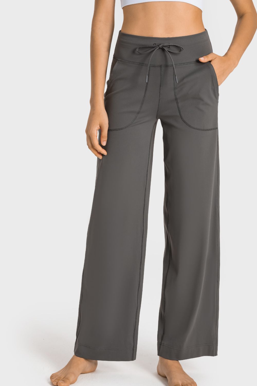 Drawstring Waist Wide Leg Sports Pants with Pockets in Gray for Women