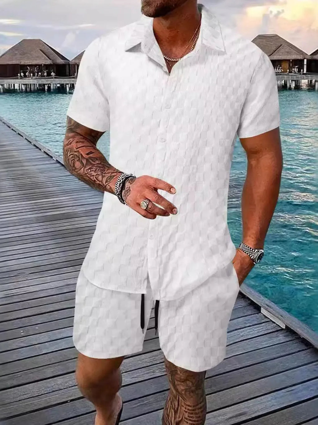 Collared Neck Short Sleeve Top and Shorts Set Plus Size in Light Blue for Men