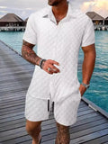 Collared Neck Short Sleeve Top and Shorts Set Plus Size in Light Blue for Men