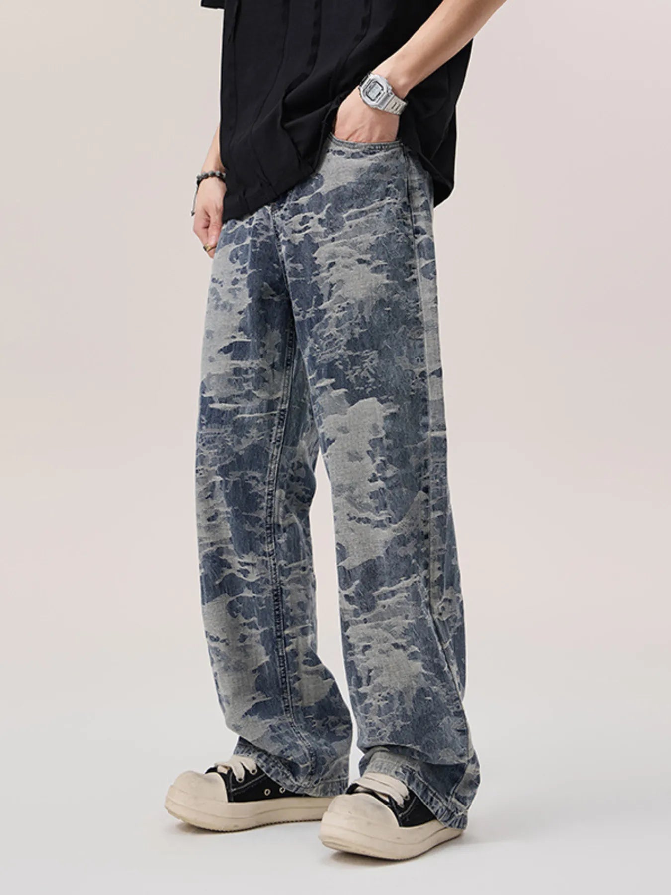 Wash Wide Leg Jeans in Blue Jacquard for Men