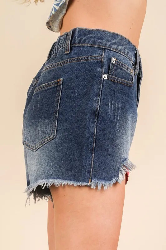 Raw Hem Pocketed Contrast Washed Denim Shorts for Women