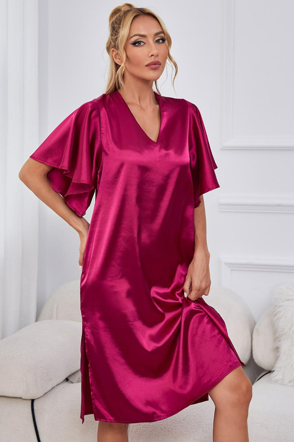 Satin Flutter Sleeve Side Slit V-Neck Night Dress in Teal for Women