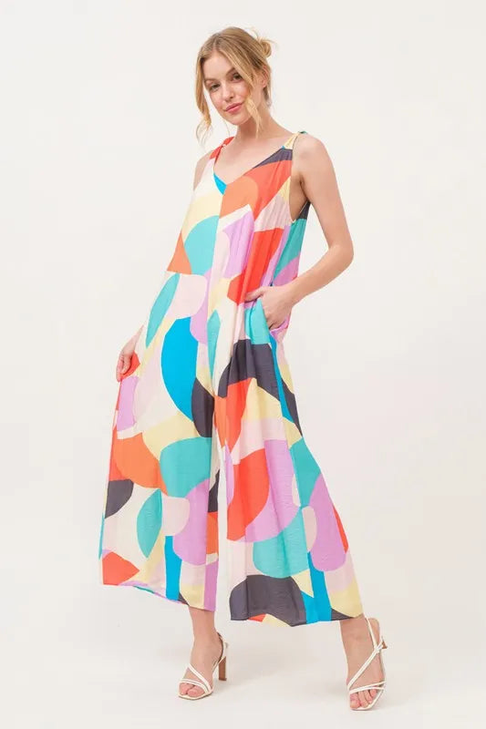 Tied Shoulder Straps Wide-Leg Geo Print Jumpsuit for Women