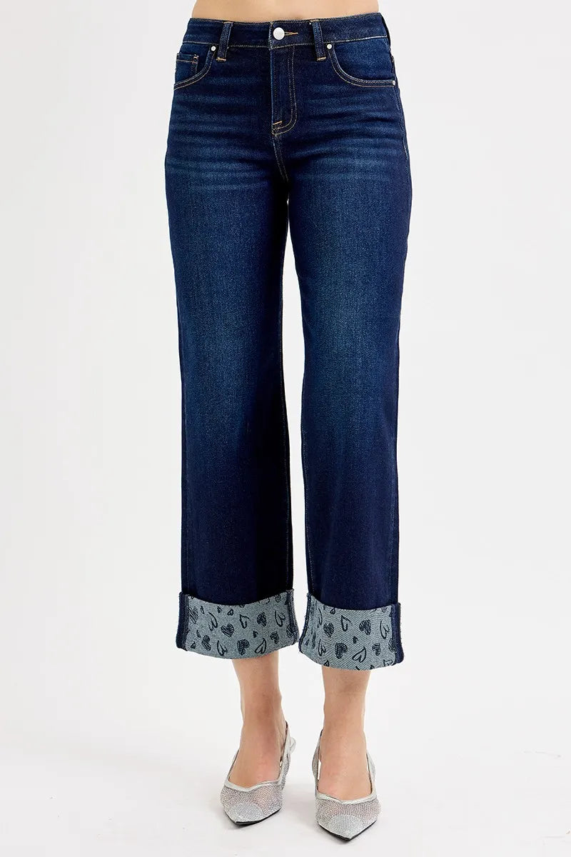 Mid Rise Fit Crop Wide with Printed Cuff Jeans Plus Size in Dark for Women