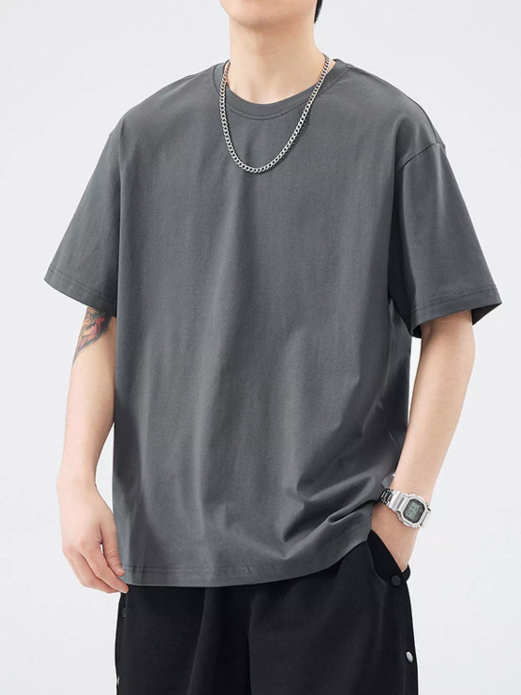 Round Neck Short Sleeve T-Shirt Plus Size in Black for Men