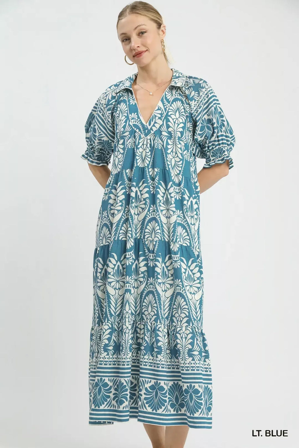 Two Tone Border Print Midi Dress in Light Blue for Women