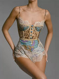 Leopard Print Lace Trim Romper in Multicolor for Women