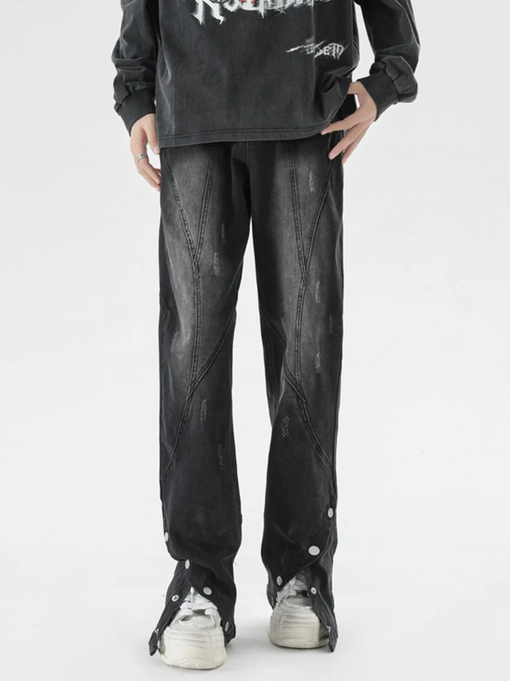 Plus Size Washed Flare Jeans with Snap-Down Hem in Black for Men