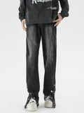 Plus Size Washed Flare Jeans with Snap-Down Hem in Black for Men