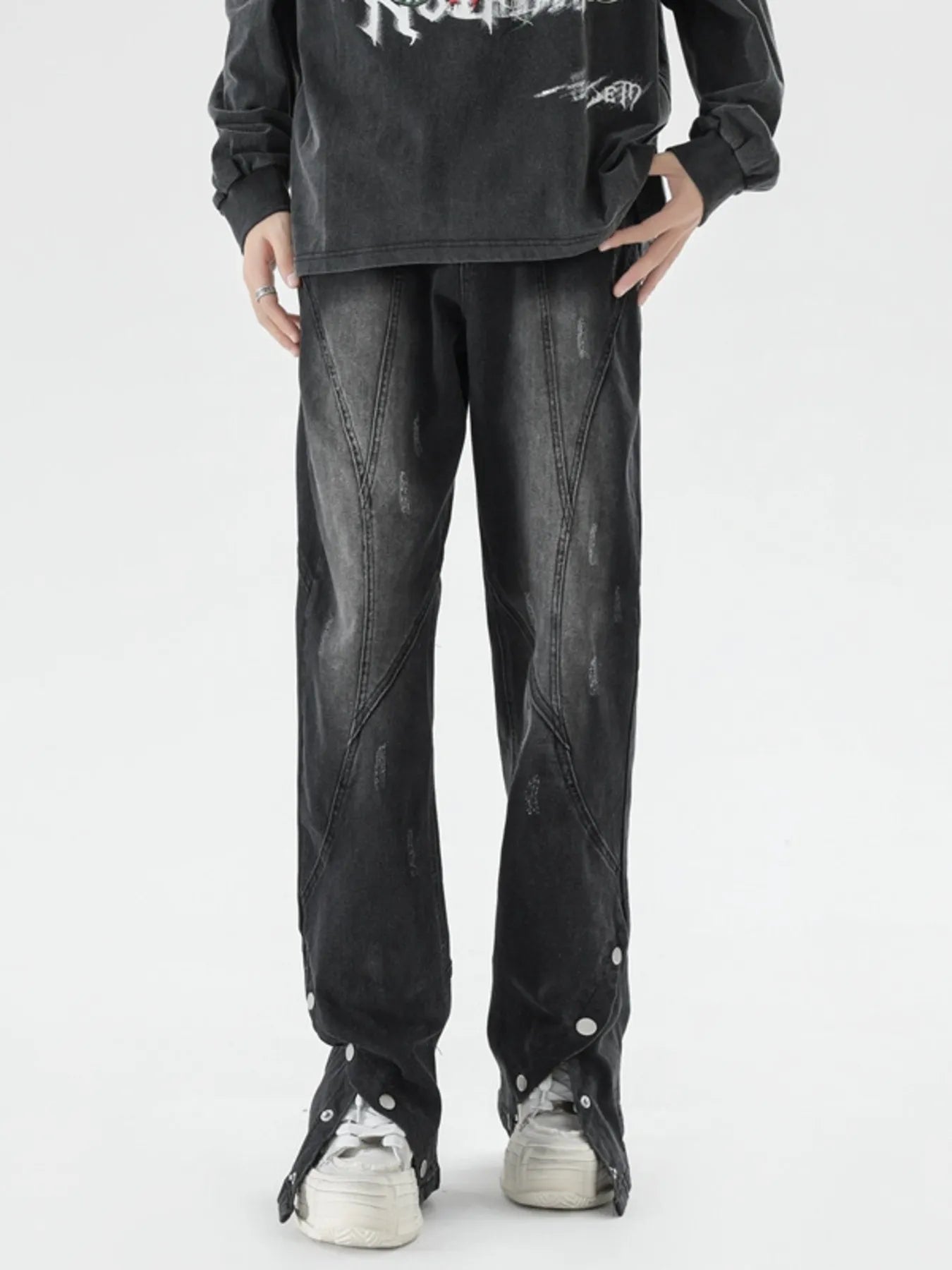 Plus Size Washed Flare Jeans with Snap-Down Hem in Black for Men