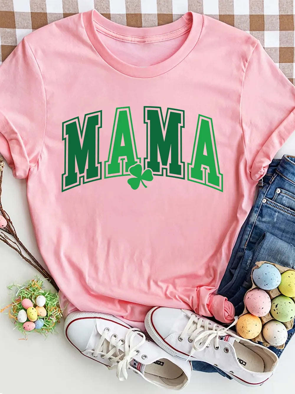 Mama Round Neck Short Sleeve T-Shirt in Aqua for Women