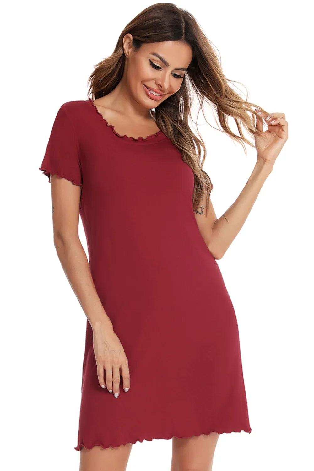 Round Neck Short Sleeve Lounge Dress in Scarlet for Women